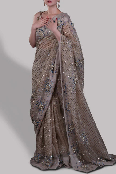 Hania Aamir - Silver Grey Embellished Organza Sari