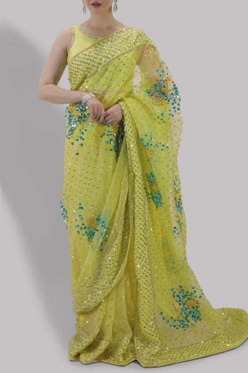 Hania Aamir - Verbena Yellow Embellished Organza Sari