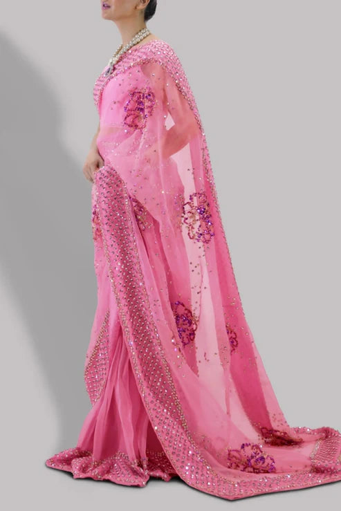 Hania Aamir - Sachet Pink Organza Saree - Luxury Sari