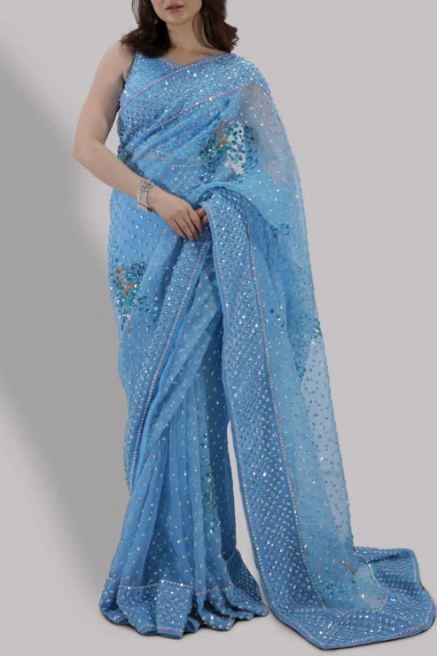 Hania Aamir - Bonnie Blue Embellished Organza Saree