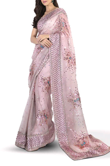 Maya Ali Peach Blush Embellished Organza Saree