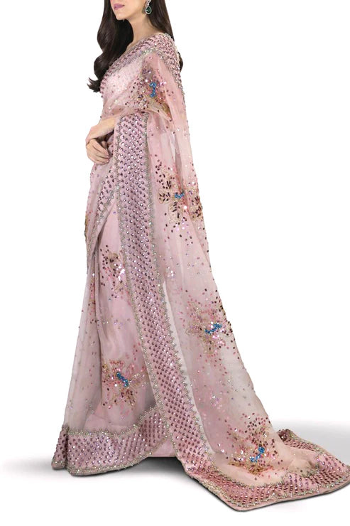Maya Ali Peach Blush Embellished Organza Saree