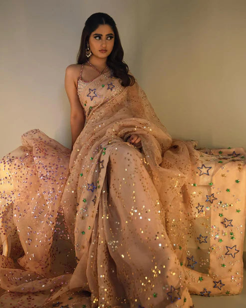Sajal Ali - Silver Peach Embellished Organza Sari