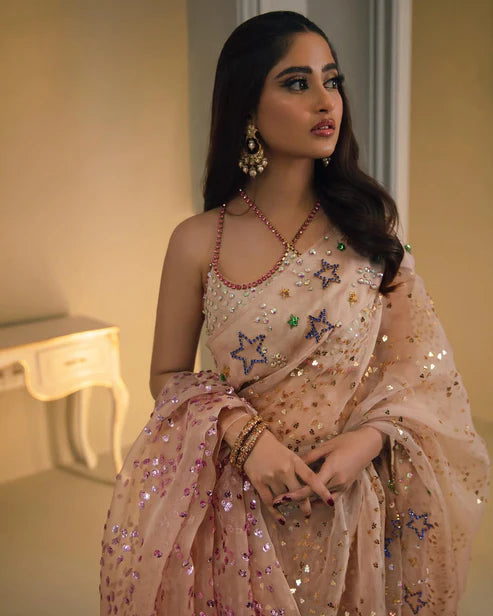 Sajal Ali - Silver Peach Embellished Organza Sari