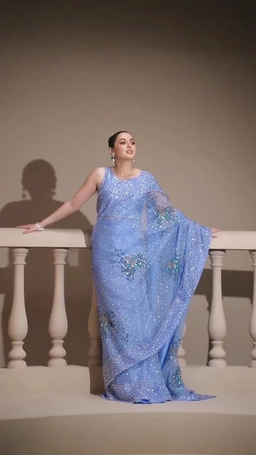 Hania Aamir - Bonnie Blue Embellished Organza Saree