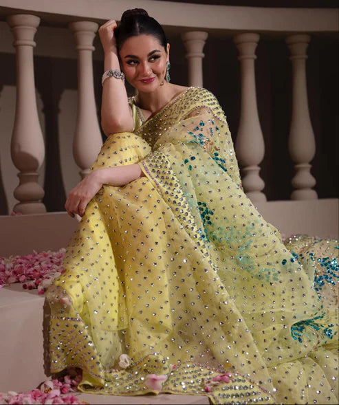 Hania Aamir - Verbena Yellow Embellished Organza Sari